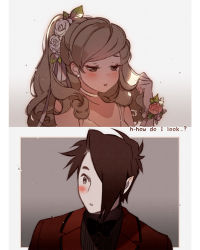 Rule 34 | 1boy, 1girl, blush, brown hair, choker, commentary request, curly hair, earrings, english text, eyelashes, flower, hair flower, hair ornament, hair over one eye, holding, holding own hair, jewelry, kawacy, leaf, original, parted lips, pointy ears, sparkle, teeth