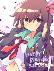 Rule 34 | 10011018, 1girl, arms up, blush, closed mouth, collarbone, confetti, crescent, crescent pin, dated, eyelashes, hair between eyes, hair ornament, happy birthday, highres, jacket, kantai collection, kisaragi (kancolle), kisaragi kai ni (kancolle), long hair, long sleeves, looking at viewer, navel, purple eyes, purple hair, red neckwear, school uniform, serafuku, shirt, simple background, smile, solo, twitter username, white background