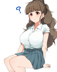 Rule 34 | 1girl, ?, blush, breasts, brown hair, commentary request, green skirt, haseneko, high ponytail, huge breasts, idolmaster, idolmaster cinderella girls, kamiya nao, looking at viewer, parted lips, red eyes, shirt, short sleeves, simple background, sitting, skirt, solo, thick eyebrows, white background, white shirt