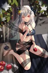 Rule 34 | 1girl, apple, arknights, bare arms, bare shoulders, barefoot, bikini, black bikini, black choker, breasts, candle, choker, cleavage, commentary request, food, fruit, hand up, holding, holding food, holding fruit, horns, infection monitor (arknights), large breasts, material growth, mudrock (arknights), mudrock (silent night) (arknights), official alternate costume, oripathy lesion (arknights), pointy ears, skydrop, solo, stomach, swimsuit, thighs, white hair