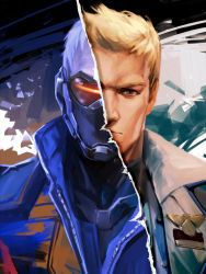 Rule 34 | 1boy, brown hair, dual persona, hage2013, jacket, male focus, mask, mouth mask, overwatch, overwatch 1, short hair, soldier: 76 (overwatch), solo, split theme, visor, white hair