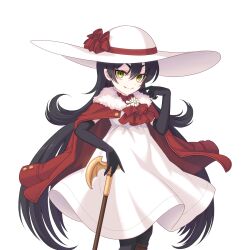 Rule 34 | 1girl, black gloves, black hair, cane, dress, gloves, green eyes, holding, holding cane, illya (real) (princess connect!), illya (princess connect!), looking at viewer, official art, pantyhose, princess connect!, transparent background, white dress, white headwear