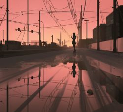Rule 34 | 1girl, backlighting, cellphone, high heels, long hair, original, phone, power lines, reflection, reflective water, scenery, sketch, skirt, sky, smartphone, snatti, solo, sunset, train station, train station platform, utility pole, very wide shot, water