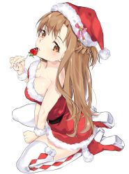 Rule 34 | 153107, 1girl, asuna (sao), bare shoulders, blush, braid, breasts, brown eyes, brown hair, cleavage, collarbone, commentary request, dress, food, fork, from above, fruit, hat, highres, holding, holding fork, large breasts, long hair, looking at viewer, pink ribbon, red footwear, ribbon, santa costume, santa dress, santa hat, shoes, simple background, solo, strawberry, sword art online, thighhighs, white background, white thighhighs