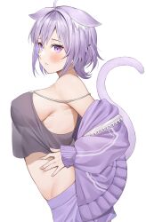 Rule 34 | 1girl, absurdres, animal ear fluff, animal ears, blush, breasts, cat ears, cat girl, cat tail, highres, hololive, jacket, large breasts, looking to the side, medium hair, nekomata okayu, nekomata okayu (membership), official alternate costume, open clothes, open jacket, purple eyes, purple hair, see-through, sideboob, simple background, strap slip, tail, two side up, virtual youtuber, white background, yuya (yuya illust)