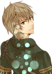 Rule 34 | 1boy, atelier (series), atelier ayesha, bad id, bad pixiv id, brown hair, green eyes, hachimoto, juris grunden, light particles, looking back, male focus, simple background, solo, upper body, white background