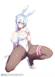 Rule 34 | 1girl, animal ears, aqua eyes, arm strap, bad id, bad twitter id, bare shoulders, blue hair, blush, bow, bowtie, breasts, cleavage, closed mouth, detached collar, fake animal ears, fishnet pantyhose, fishnets, full body, hair bun, hand on own chest, high heels, highres, jewelry, large breasts, leotard, long hair, looking at viewer, original, pantyhose, pink bow, pink bowtie, playboy bunny, puuzaki puuna, ring, simple background, smile, solo, thigh strap, thighs, twitter username, white background, white footwear, yukino (zeroshiki kouichi)