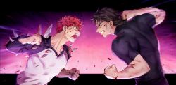 Rule 34 | 2boys, battle, blood, brown hair, clenched hands, emiya shirou, emphasis lines, eye contact, fate/stay night, fate (series), fighting stance, fist fight, heaven&#039;s feel, highres, kotomine kirei, looking at another, male focus, multiple boys, muscular, okonon (kado colda), punching, red hair, sword, torn clothes, upper body, weapon