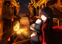 Rule 34 | 1girl, absurdres, an yasuri, architecture, bad id, bad pixiv id, black eyes, black hair, black kimono, blunt bangs, book, bug, butterfly, east asian architecture, highres, holding, insect, japanese clothes, kimono, long hair, looking at viewer, looking back, magic circle, night, open book, original, outdoors, scenery, sitting, sky, solo, star (sky), starry sky, very long hair, wide shot
