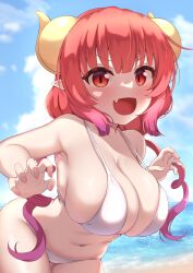 Rule 34 | 1girl, :d, alternate breast size, beach, bikini, breasts, claw pose, cloud, cloudy sky, dragon girl, dragon horns, drill hair, fang, highres, horns, ilulu (maidragon), kobayashi-san chi no maidragon, large breasts, ocean, open mouth, pointy ears, red eyes, red hair, short hair with long locks, skin fang, sky, slit pupils, smile, solo, sonao, swimsuit, thick thighs, thighs, twin drills, v-shaped eyebrows, white bikini, wide hips