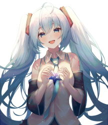 Rule 34 | 1girl, :d, ahoge, backlighting, bad id, bad pixiv id, black skirt, black sleeves, blue eyes, blue hair, blue necktie, blush, breasts, collared shirt, commentary, detached sleeves, dress, english commentary, hair ornament, hands up, hatsune miku, head tilt, long hair, long sleeves, looking at viewer, necktie, open mouth, round teeth, shirt, simple background, skirt, sleeveless, sleeveless dress, small breasts, smile, solo, star (symbol), teeth, twintails, upper body, upper teeth only, very long hair, vocaloid, white background, white shirt, wide sleeves, zain (jiha3905)