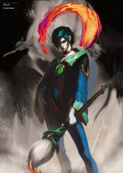 Rule 34 | 1boy, artist name, blue pants, closed mouth, collarbone, cowboy shot, earrings, emriikun, expressionless, green hair, hair over one eye, hand in pocket, highres, holding, holding brush, hwei (league of legends), jewelry, league of legends, long hair, long sleeves, looking at viewer, male focus, paintbrush, pale skin, pants, ponytail, purple eyes, solo, standing, swept bangs, wide sleeves