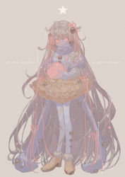 Rule 34 | 1girl, absurdly long hair, blue pantyhose, bow, brown background, brown footwear, brown hair, christmas, christmas ornaments, closed mouth, commentary request, dress, english text, frilled skirt, frills, full body, grey bow, hair bow, highres, long hair, long sleeves, looking at viewer, original, pantyhose, pink eyes, potg (piotegu), purple dress, simple background, skirt, solo, star (symbol), very long hair, yellow skirt