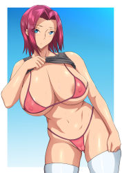 Rule 34 | 1girl, absurdres, bikini, blue eyes, blush, breasts, clothes lift, code geass, highres, kouzuki kallen, large breasts, lifting own clothes, looking at viewer, red hair, shiny skin, shirt lift, short hair, solo, swimsuit, thighhighs, toya (yuyasilust)