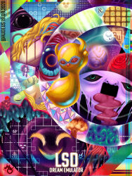 Rule 34 | absurdres, artist name, audeus, board game, character request, colorful, copyright name, cover, dated, fake cover, go (board game), green eyes, highres, lsd: dream emulator, no humans, nuclear explosion, planet, red eyes, tagme