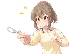 Rule 34 | 1girl, bad id, bad pixiv id, bare shoulders, blush, breasts, brown eyes, brown hair, brown sweater, clenched teeth, collarbone, hair between eyes, hair ornament, hair scrunchie, holding, holding spoon, hori yuko, idolmaster, idolmaster cinderella girls, lightning bolt symbol, off-shoulder sweater, off shoulder, ponytail, red scrunchie, scrunchie, simple background, small breasts, solo, spoon, sweat, sweater, teeth, trembling, uccow, upper body, white background