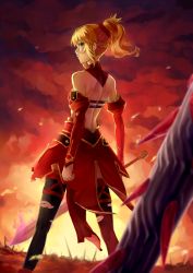 Rule 34 | 1girl, blonde hair, blurry, depth of field, detached sleeves, fate/apocrypha, fate/grand order, fate (series), from behind, green eyes, kaito nina, lance, long hair, looking back, mordred (fate), mordred (fate/apocrypha), polearm, ponytail, rhongomyniad (fate), solo, sword, thighhighs, torn clothes, torn thighhighs, weapon