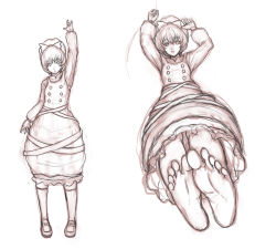 Rule 34 | 1girl, barefoot, character sheet, dress, feet, female focus, from below, full body, highres, kuro suto sukii, kurodani yamame, light smile, monochrome, open mouth, short hair, simple background, sketch, soles, solo, toes, touhou, white background