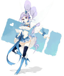 Rule 34 | 00s, 1girl, aono miki, blue footwear, blue skirt, boots, choker, cure berry, drill hair, earrings, fresh precure!, frilled skirt, frills, hair ornament, hairband, heart, heart hair ornament, high heels, jewelry, knee boots, long hair, magical girl, mechanical wings, midriff, navel, outstretched arm, ponytail, precure, purple eyes, purple hair, shadow, shijima (agkm), shirt, side ponytail, skirt, smile, solo, standing, standing on one leg, thighhighs, wings, wrist cuffs, zettai ryouiki