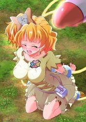 Rule 34 | 1girl, absurdres, blush, boots, breasts, choker, closed eyes, clover ornament, corset, cure pine, earrings, energy drain, fresh precure!, grass, hair ornament, heart, heart earrings, heart hair ornament, highres, jewelry, kneeling, large breasts, looking at viewer, medium hair, open mouth, orange choker, orange skirt, outdoors, pain, pouch, precure, restrained, shirt, short sleeves, shorts, shorts under skirt, side ponytail, skirt, solo, sweatdrop, tirofinire, torn clothes, wrist cuffs, yamabuki inori, yellow footwear, yellow shirt