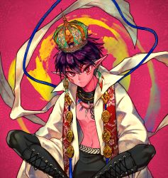 Rule 34 | 00s, 1boy, aiolos, bad id, bad pixiv id, bare pectorals, bead necklace, beads, black footwear, black hair, black pants, boots, chest tattoo, chrysanthemum, closed mouth, coat, coin (ornament), colored skin, cross-laced footwear, crown, dungeon and fighter, ear piercing, earrings, facial mark, feather earrings, feathers, floral background, flower, frown, gold trim, hagoromo, highres, jewelry, lace-up boots, looking at viewer, male focus, male mage (dungeon and fighter), navel, necklace, open clothes, open coat, pants, pectorals, piercing, pink background, pink skin, pointy ears, purple hair, red eyes, rope, shawl, shirt, sitting, solo, stole, stomach, swift master (dungeon and fighter), tattoo, topless male, untied, yamtteng