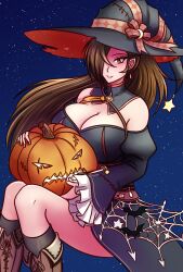 Rule 34 | 1girl, alternate costume, bare shoulders, bat (animal), boots, bow, breasts, brown eyes, brown hair, cleavage, detached collar, earrings, fire emblem, fire emblem fates, frilled sleeves, frills, hair over one eye, hat, highres, holding, huge breasts, jack-o&#039;-lantern, jewelry, kagero (fire emblem), kneehighs, long hair, looking at viewer, night, nintendo, outdoors, ponytail, silk, simple background, sky, smile, socks, solo, spider web, star (sky), starry sky, stitches, thighs, will (willanator93), witch, witch hat