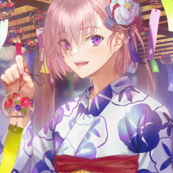 Rule 34 | 1girl, blush, commentary request, eyes visible through hair, fate/grand order, fate (series), fingernails, floral print, flower, hair flower, hair ornament, hair over one eye, highres, holding, japanese clothes, kimono, light purple hair, lips, looking at viewer, mash kyrielight, nail polish, obi, open mouth, panmijin99, pink lips, pink nails, purple eyes, sash, short hair, smile, solo, teeth, upper body, white flower, wind chime, yukata