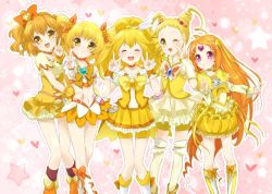 Rule 34 | 00s, 10s, 5girls, bike shorts, blonde hair, boots, bow, brooch, bubble skirt, choker, circlet, closed eyes, color connection, cone hair bun, cure lemonade, cure muse, cure muse (yellow), cure peace, cure pine, cure sunshine, double v, dress, earrings, fresh precure!, frills, hair bun, hair flaps, hair ornament, hair ribbon, heart, heart brooch, heart hair ornament, heartcatch precure!, instrument, jewelry, kasugano urara (yes! precure 5), kise yayoi, knee boots, long hair, magical girl, md5 mismatch, midriff, multiple girls, myoudouin itsuki, one eye closed, open mouth, orange hair, pink background, ponytail, precure, purple eyes, resolution mismatch, ribbon, shirabe ako, short hair, shorts, shorts under skirt, skirt, smile, smile precure!, source larger, suite precure, thighhighs, tiara, twintails, v, wink, wrist cuffs, yamabuki inori, yellow bow, yellow dress, yellow eyes, yellow legwear, yellow shorts, yellow skirt, yellow theme, yes! precure 5, yupachi