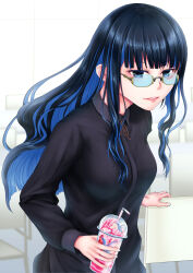 Rule 34 | 1girl, absurdres, black eyes, black hair, black shirt, blue hair, breasts, chair, commentary request, cup, fate/grand order, fate (series), glasses, highres, holding, holding cup, long sleeves, medium breasts, multicolored hair, semi-rimless eyewear, shirt, shoukaze (syoubu0615), solo, tenochtitlan (fate), two-tone hair, under-rim eyewear, wavy hair