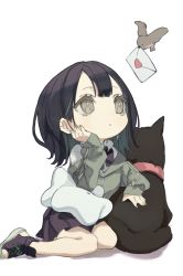 Rule 34 | 1girl, absurdres, animal, beak hold, bird, black bow, black bowtie, black footwear, black hair, black skirt, bow, bowtie, chibi, collared shirt, commentary request, dog, full body, green hair, green nails, grey eyes, highres, jacket, letter, long sleeves, looking up, love letter, mini person, minigirl, miniskirt, mouth hold, multicolored hair, nail polish, off shoulder, original, pleated skirt, shirt, shoes, short hair, simple background, sitting, skirt, toeless footwear, tokiwata soul, two-tone hair, wariza, white shirt