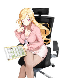 Rule 34 | 1girl, alternate hair color, blonde hair, bow, bracelet, breasts, bright pupils, brown pantyhose, business suit, chair, cleavage, clipboard, closers, collared shirt, crossed legs, dress shirt, feet out of frame, formal, frilled sleeves, frills, from above, hand up, highres, holding, holding clipboard, holding pen, id card, jewelry, lanyard, large breasts, long hair, long sleeves, looking at viewer, miniskirt, mirae (closers), office chair, office lady, official art, on chair, pantyhose, paper, parted lips, partially unbuttoned, pen, pencil skirt, pendant, pink bow, pink shirt, red eyes, shirt, shirt tucked in, shirt under shirt, sitting, skirt, skirt suit, sleeve bow, solo, suit, swivel chair, white background, white pupils, white skirt, white undershirt