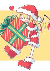 Rule 34 | &gt; &lt;, 1girl, :d, asameshi, blonde hair, boots, commentary, crystal, dress, flandre scarlet, fur-trimmed boots, fur-trimmed dress, fur-trimmed headwear, fur trim, gift, hat, heart, highres, holding, holding gift, letterboxed, long hair, open mouth, santa costume, santa hat, simple background, smile, solo, spoken heart, touhou, white background, wings, yellow background