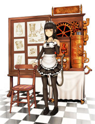 Rule 34 | 1girl, android, apron, bad id, bad pixiv id, bare shoulders, black dress, black footwear, black hair, black thighhighs, blueprint (object), blunt bangs, boots, bow, cable, chair, checkered floor, detached sleeves, dress, english text, facial mark, floor, frilled dress, frills, gears, hand on own chest, highres, joints, looking at viewer, maid, maid apron, maid headdress, mole, mole under eye, original, ribbon, robot, robot joints, shoes, short dress, sleeveless, sleeveless dress, solo, standing, steampunk, thighhighs, tsurime, tube, underbust, vvcephei, waist apron, yellow eyes, zettai ryouiki