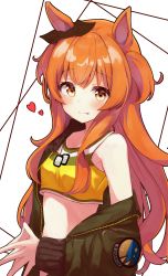 Rule 34 | 1girl, :p, absurdres, animal ears, blush, bow, brown ribbon, commentary request, dog tags, ear ribbon, green jacket, highres, horse ears, jacket, long hair, long sleeves, looking at viewer, mayano top gun (umamusume), midriff, orange eyes, orange hair, ribbon, simple background, solo, tongue, tongue out, two side up, umamusume, white background, yamada auto