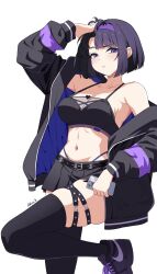 Rule 34 | 1girl, bare shoulders, belt, black belt, black footwear, black jacket, black skirt, black thighhighs, camisole, cellphone, character request, collarbone, commentary, commission, copyright request, crop top, hairband, highres, holding, holding phone, jacket, long sleeves, looking at viewer, midriff, miniskirt, navel, off shoulder, open clothes, open jacket, parted lips, phone, pleated skirt, purple eyes, purple hair, purple hairband, reia 76, shoes, short hair, simple background, skirt, smartphone, sneakers, solo, spaghetti strap, standing, standing on one leg, stomach, thigh strap, thighhighs, thighs, white background