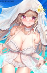 Rule 34 | 1girl, beach, blush, breasts, bridal veil, character request, chemise, choker, cleavage, copyright request, flower, gu luco, hair flower, hair ornament, highres, jewelry, large breasts, midriff, navel, necklace, original, panties, pink eyes, see-through, smile, solo, standing, underwear, veil, white hair