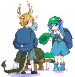Rule 34 | 1boy, 2girls, ankle socks, antlers, backpack, bag, beard, black footwear, blonde hair, blue bag, blue eyes, blue footwear, blue hair, blue shirt, blue skirt, blush, boots, closed mouth, collared shirt, commentary, dragon girl, dragon horns, dragon tail, eighth note, english commentary, facial hair, flat cap, frilled shirt collar, frills, full body, genjii (touhou), green headwear, hair bobbles, hair ornament, hand on own chin, hand on own face, hat, hitodama print, horns, kawashiro nitori, key, kicchou yachie, long skirt, long sleeves, looking at another, looking back, medium hair, multiple girls, musical note, pleated skirt, pocket, puffy short sleeves, puffy sleeves, red eyes, rubber boots, scales, shirt, short hair, short sleeves, sidelocks, simple background, skirt, skirt set, slit pupils, smile, socks, spoken musical note, standing, sweatdrop, swept bangs, tail, thick eyebrows, tortoise, touhou, touhou (pc-98), turtle, turtle shell, twintails, white background, white legwear, wool (miwol)