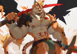 Rule 34 | 1boy, abs, absurdres, animal ears, armor, bara, black wings, bulge, chain necklace, cowboy shot, dual wielding, facial hair, furry, furry male, goatee, gyee, highres, holding, holding sword, holding weapon, jaguar boy, jaguar ears, jewelry, kasudachan, large pectorals, looking ahead, male focus, mature male, muscular, muscular male, navel, necklace, nipples, original, over shoulder, pauldrons, pectorals, pelvic curtain, revealing clothes, romg, romg the jaguar, sanpaku, second-party source, short hair, shoulder armor, single pauldron, solo, stomach, sword, thick eyebrows, tsurime, v-taper, weapon, weapon over shoulder, wings