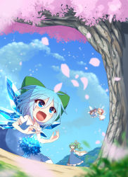 Rule 34 | 5girls, black hair, blonde hair, blue dress, blue eyes, blue sky, bow, cherry blossoms, chibi, cirno, cloud, daiyousei, day, dress, fairy, fairy wings, fang, flying sweatdrops, green hair, hair bow, hair ribbon, hat, ice, ice sculpture, ice wings, kuresento, luna child, multiple girls, open mouth, petals, puffy short sleeves, puffy sleeves, ribbon, shirt, short sleeves, side ponytail, sky, smile, star sapphire, sunny milk, touhou, tree, white dress, wings