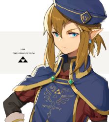 Rule 34 | 1boy, alternate costume, blonde hair, blue eyes, blue hat, closed mouth, commentary request, earrings, frown, grey background, hat, jewelry, leopardtiger, link, long sleeves, looking at viewer, male focus, nintendo, pointy ears, royal guard set (zelda), sidelocks, solo, tabard, the legend of zelda, the legend of zelda: breath of the wild, triforce, two-tone background, upper body, v-shaped eyebrows, white background