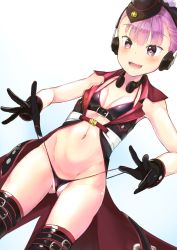 Rule 34 | 1girl, bikini, bikini pull, black bikini, black gloves, black hat, black thighhighs, blue background, blunt bangs, blush, breast pocket, breasts, buckle, cameltoe, clothes pull, dutch angle, fate/grand order, fate (series), from below, frontal wedgie, garrison cap, gloves, gluteal fold, gradient background, hat, headphones, helena blavatsky (fate), helena blavatsky (swimsuit archer) (fate), helena blavatsky (swimsuit archer) (third ascension) (fate), legs apart, looking at viewer, looking down, navel, open clothes, p answer, partially visible vulva, pocket, purple eyes, purple hair, shiny skin, short hair, sleeveless, small breasts, solo, stomach, sweat, swimsuit, thighhighs, wedgie