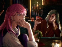 Rule 34 | 2boys, blue eyes, candle, card, collared shirt, cup, dress shirt, earrings, hand up, head rest, highres, holding, holding card, hukusaya, indoors, jewelry, kokonoi hajime, long hair, looking at viewer, male focus, multiple boys, pants, pink hair, purple pants, purple vest, red shirt, sanzu haruchiyo, shirt, tokyo revengers, upper body, vest, white hair, white shirt