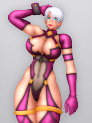 Rule 34 | 1girl, arm up, blue eyes, breasts, cleavage, elbow gloves, female focus, gloves, hair over one eye, isabella valentine, large breasts, lipstick, makeup, namco, short hair, solo, soul calibur, soulcalibur, soulcalibur ii, standing, white hair, yukijirushi nyugyou