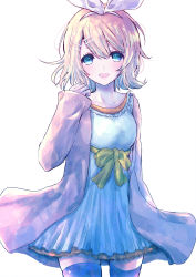 Rule 34 | 1girl, :d, alicetype, blonde hair, blue dress, blue eyes, blush, bow, coat, collarbone, cowboy shot, dress, dress bow, hair between eyes, hair ornament, hairband, hairclip, highres, kagamine rin, looking at viewer, open mouth, purple thighhighs, short hair, simple background, smile, solo, standing, thighhighs, vocaloid, white background, zettai ryouiki