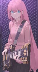 Rule 34 | 1girl, absurdres, aqua eyes, black skirt, bocchi the rock!, chain-link fence, closed mouth, cowboy shot, electric guitar, fence, gotoh hitori, guitar, highres, instrument, jacket, komodo, long hair, long sleeves, looking at viewer, music, one side up, pink hair, pink jacket, playing instrument, pleated skirt, skirt, solo, track jacket, very long hair, zipper pull tab