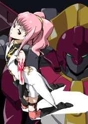Rule 34 | 00s, 1girl, anya alstreim, armor, bare shoulders, black footwear, black gloves, boots, code geass, elbow gloves, expressionless, from above, full body, gloves, hairband, kneeling, kneepits, looking up, machinery, mecha, mordred (code geass), pink hair, ponytail, purple eyes, robot, short hair, sidelocks, size difference, solo, tattoo