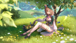 Rule 34 | 1girl, absurdres, arm support, basket, black footwear, blue gemstone, blurry, book, braid, breasts, brown hair, chinese commentary, cleavage, commentary request, day, depth of field, flower, food, fruit, full body, gem, genshin impact, grass, green eyes, green hat, grin, hair flower, hair ornament, hair over shoulder, hat, high heels, highres, holding, holding book, jewelry, landscape, legs, light particles, lisa (a sobriquet under shade) (genshin impact), lisa (genshin impact), long sleeves, looking at viewer, low neckline, medium breasts, medium hair, neck ring, necklace, official alternate costume, outdoors, puffy long sleeves, puffy sleeves, purple flower, revision, scenery, sitting, skirt, smile, so zei tama tama, solo, strappy heels, thighlet, thighs, tree, twin braids, vision (genshin impact), white skirt, yellow flower