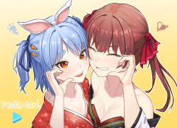 Rule 34 | 2girls, absurdres, asymmetrical docking, bangom r, blue hair, blue ribbon, blush, breast press, breasts, carrot hair ornament, cleavage, closed eyes, food-themed hair ornament, grin, hair ornament, hair ribbon, hand up, highres, hololive, houshou marine, japanese clothes, kimono, long sleeves, multiple girls, off shoulder, open mouth, print kimono, red eyes, red hair, red kimono, red ribbon, ribbon, simple background, smile, thick eyebrows, twintails, two side up, upper body, usada pekora, virtual youtuber, yellow background