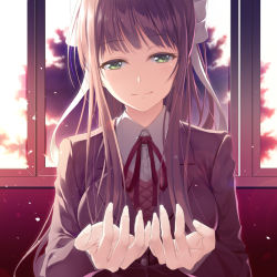 Rule 34 | 1girl, bad id, bad pixiv id, brown hair, commentary request, cupping hands, doki doki literature club, green eyes, hair ribbon, indoors, kine-c, long hair, looking at viewer, monika (doki doki literature club), own hands together, ribbon, school uniform, smile, solo, upper body, white ribbon, window