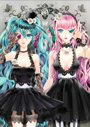 Rule 34 | 2girls, aqua eyes, aqua hair, armlet, bad id, bad pixiv id, bare shoulders, black dress, blue eyes, bracelet, breasts, bug, butterfly, butterfly hair ornament, choker, cleavage, cocoon (loveririn), dress, elbow gloves, emerald (stone), female focus, flower, gem, gloves, hair between eyes, hair flower, hair ornament, hairband, halterneck, hat, hatsune miku, headphones, highres, insect, jewelry, lace, lace-trimmed dress, lace gloves, lace trim, lips, long hair, magnet (vocaloid), megurine luka, mini hat, mini top hat, multiple girls, nail polish, necklace, pantyhose, pink hair, red gemstone, rose, short dress, sleeveless, striped clothes, striped legwear, striped pantyhose, top hat, twintails, vertical-striped legwear, very long hair, vocaloid, wavy hair, white flower, white rose